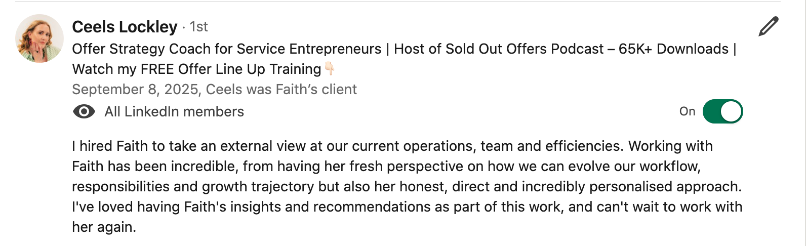 Screenshot of a LinkedIn post by Ceels Lockley offering strategy coaching for service entrepreneurs, with her profile picture, post details, and a toggle for visibility settings.