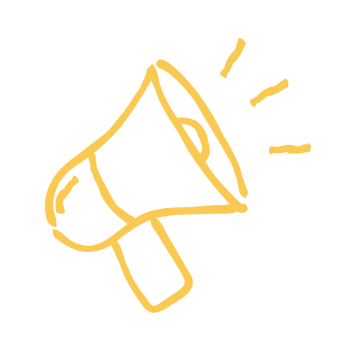 Yellow line drawing of a megaphone with sound waves emanating from it.