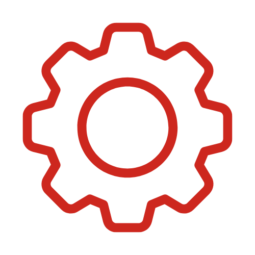 Red gear icon on a black background.