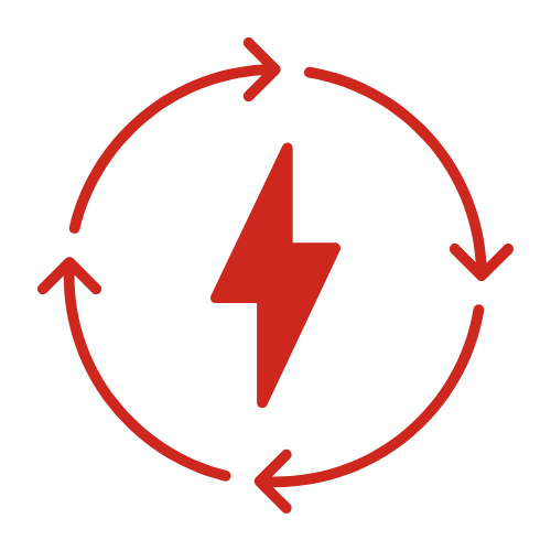 Red lightning bolt in the center of a circular arrow cycle, symbolizing energy or power transfer.
