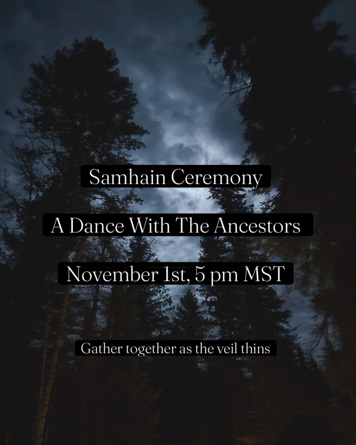 As I was sitting in the library watching the sunshine and snow converge, I had an insight drop in to gather together for this ceremony.

Samhain Ceremony: A Dance With the Ancestors, November 1st at 5 pm MST. A 90-minute free gathering where the veil