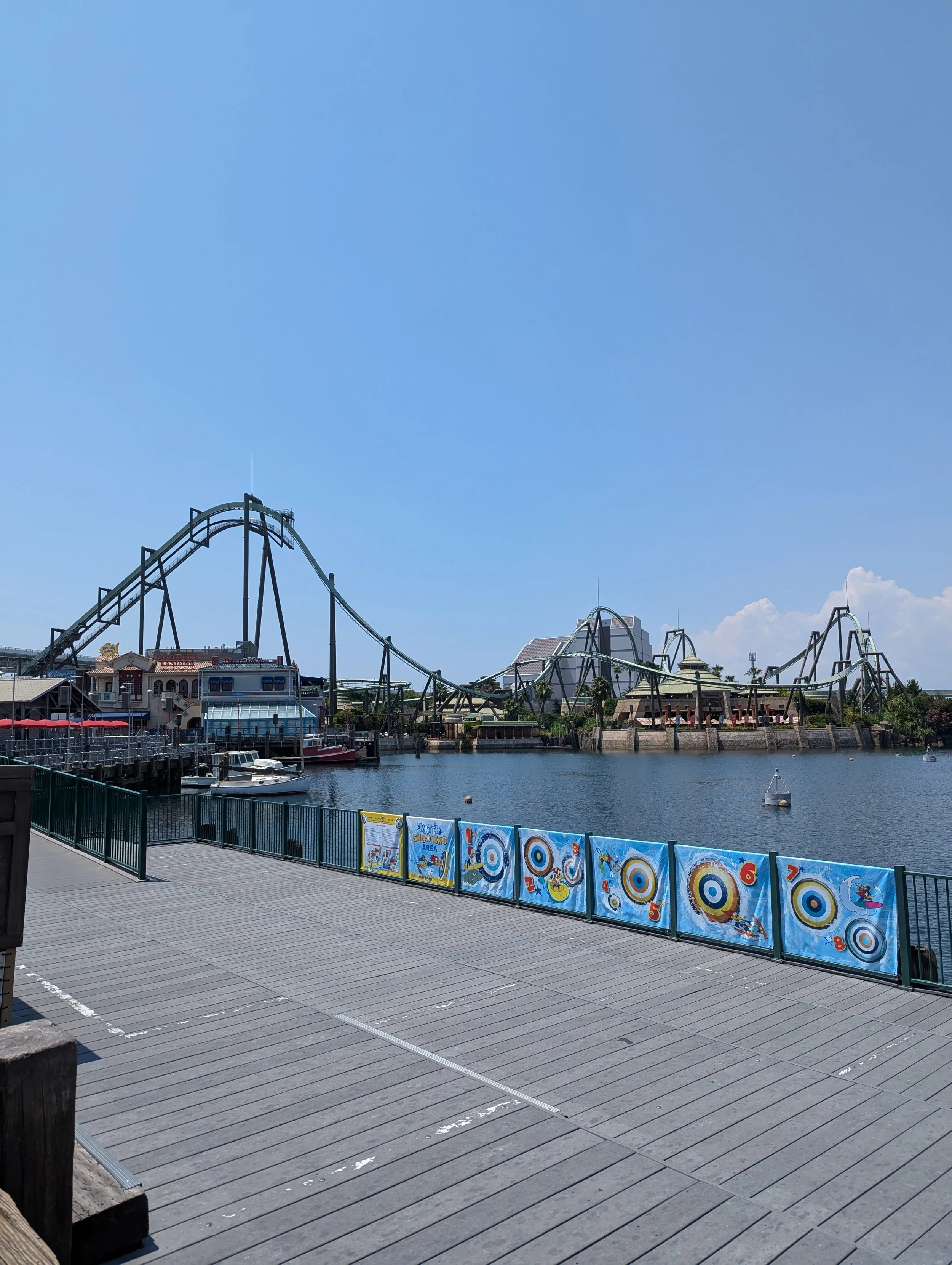 The Flying Dinosaur roller coaster track over the lagoon at Universal Studios Japan