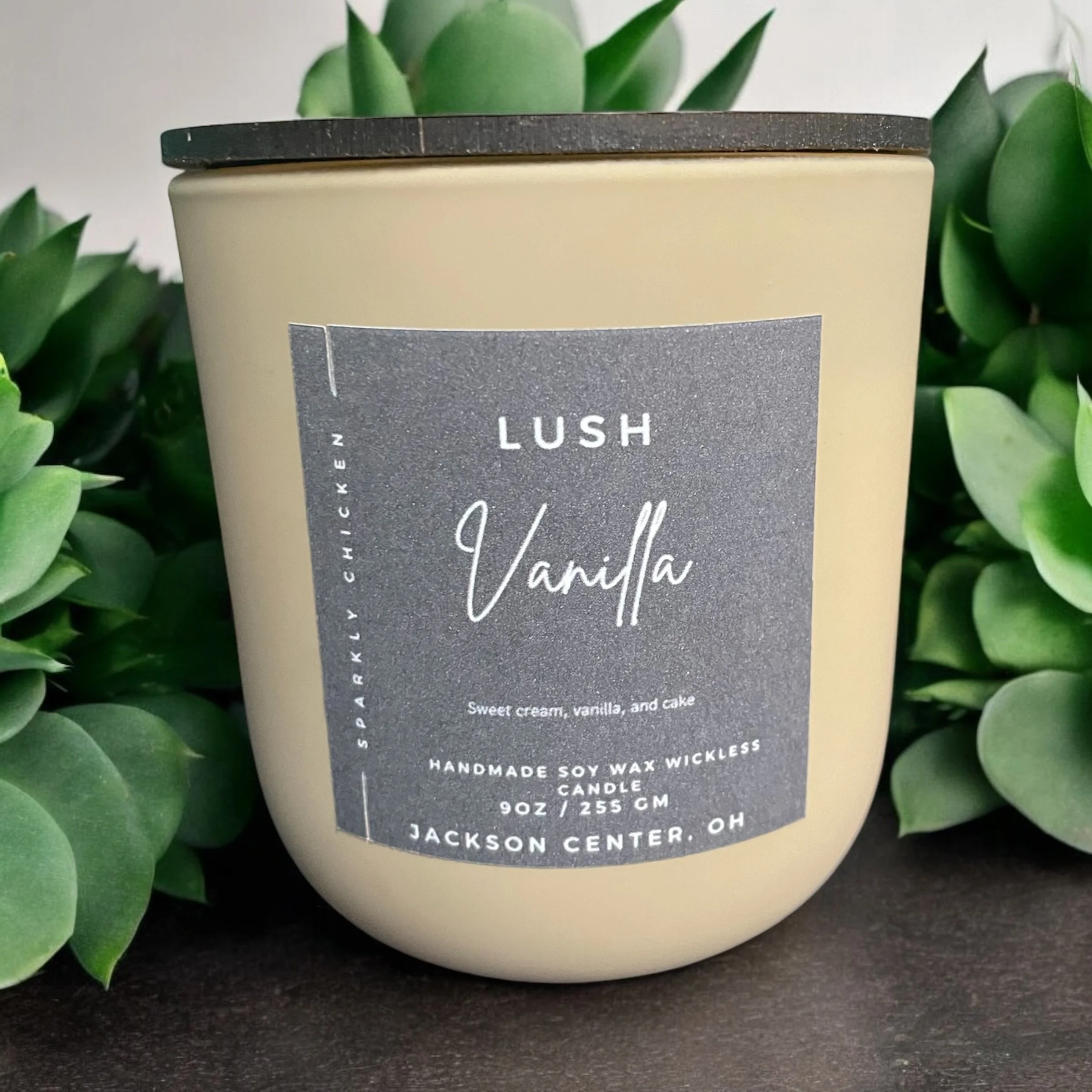 A beige Lush Vanilla scented candle with gray label, surrounded by green succulent plants.