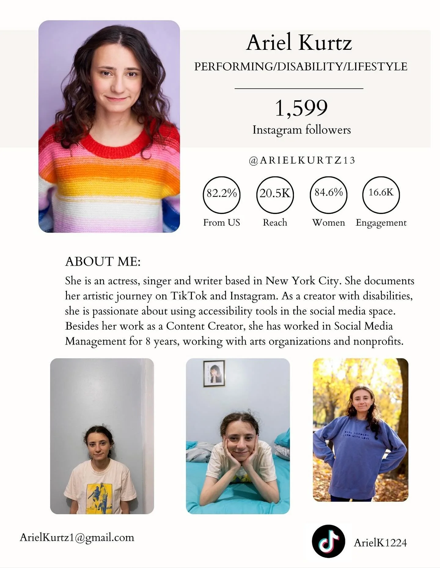 Besides my work as an actress and singer, I have been working in Social Media Management for 8 years with arts organizations and nonprofits. I&rsquo;m interested in content creation, so I&rsquo;m sharing my media kit on here to collaborate with brand
