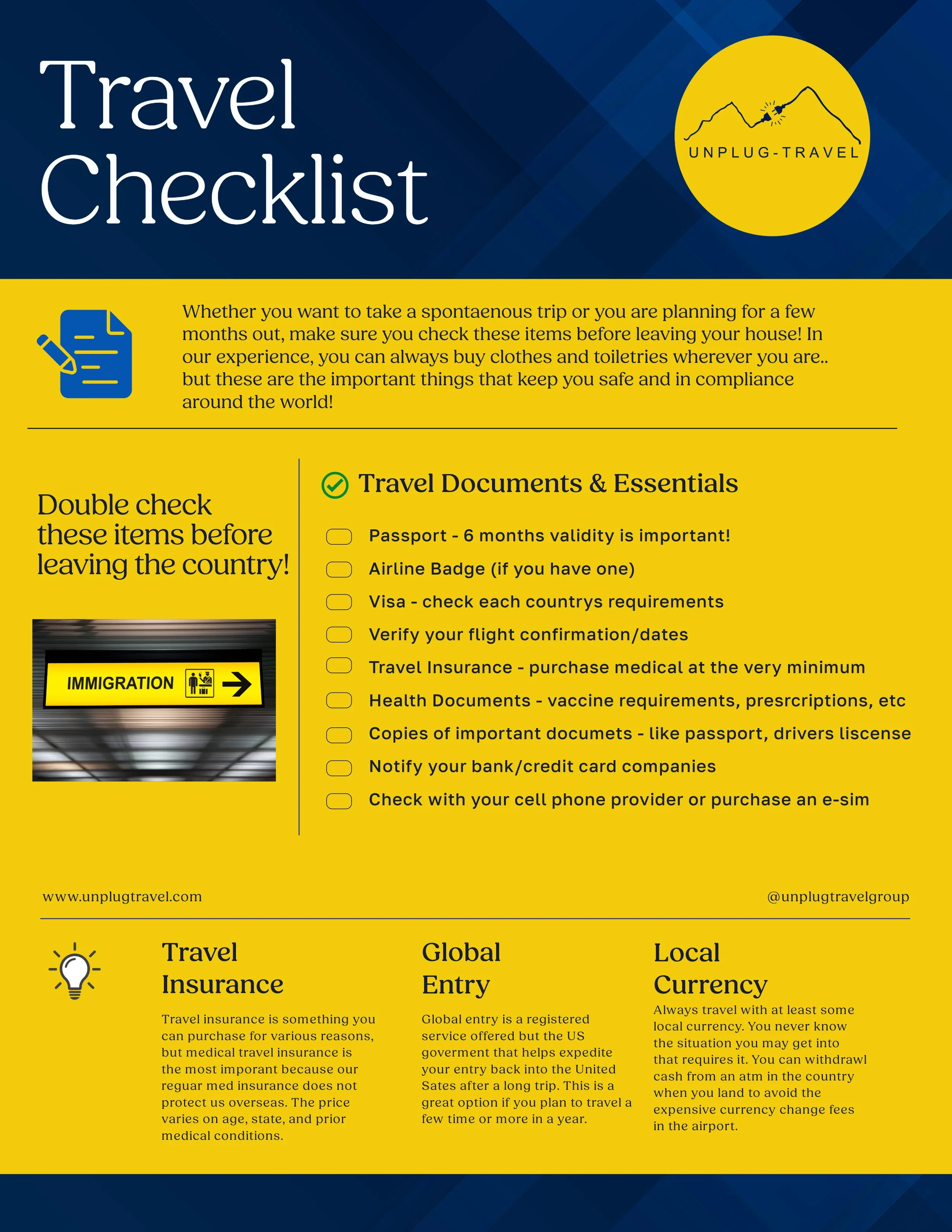Travel checklist for international trip with items such as passport, airline badge, visa, flight confirmation, travel insurance, health documents, copies of important documents, bank notifications, cell phone check, and immigration sign.