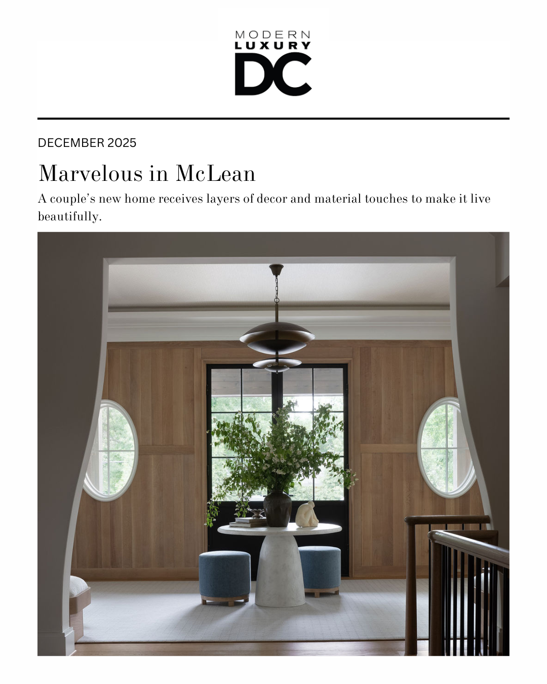 Marvelous in McLean Couples Home Layers wood white oak walls panels lighting entry table blue ottomans dc Virginia Maryland interior design