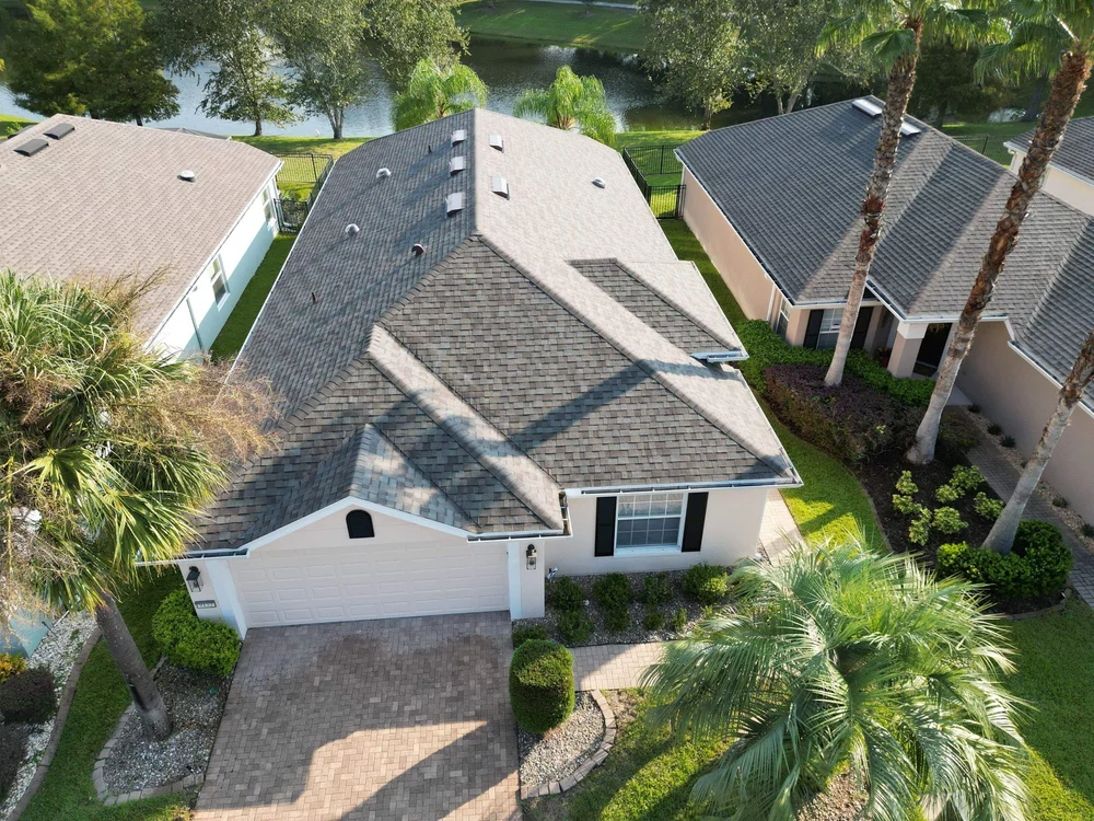Aerial view of residential roofs completed by T. Conlan Roofing near Jacksonville, FL