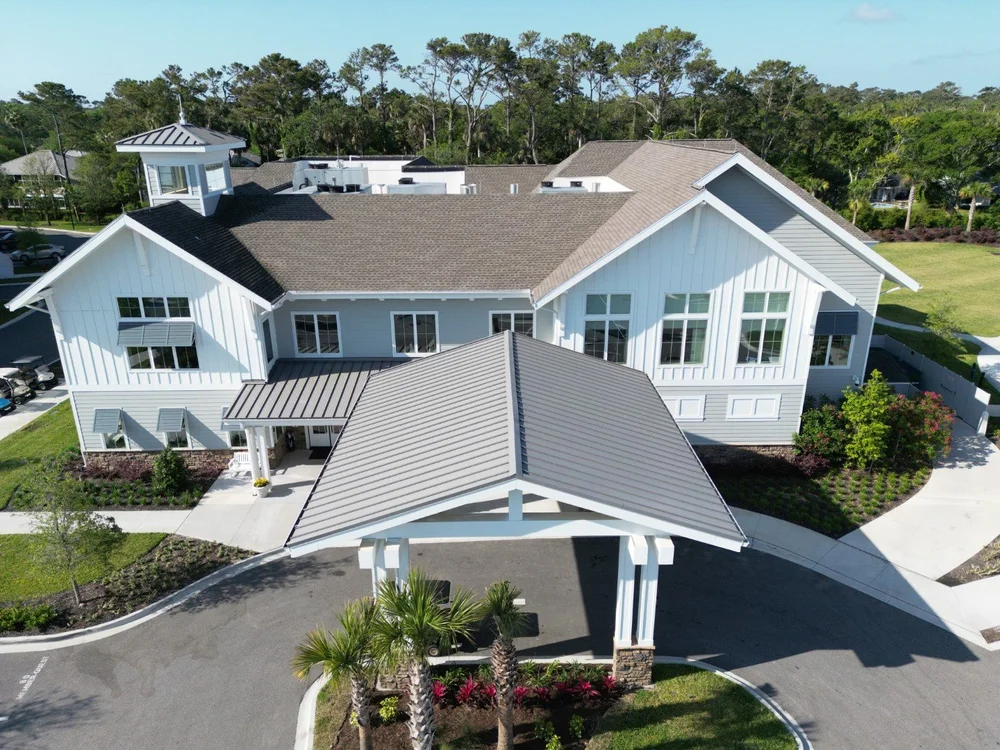 Aerial view of a clubhouse roof completed by T. Conlan Roofing in Northeast Florida