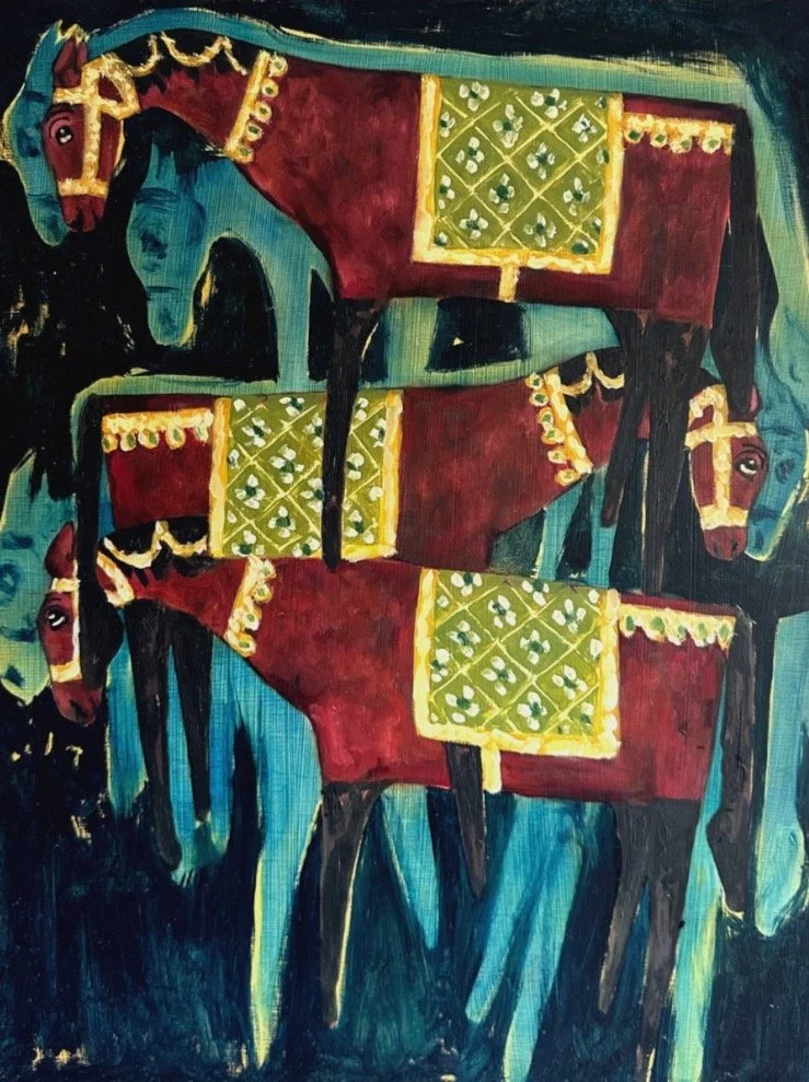 Walk, Trot, Reverse,
2026,
Oil on board,
16x12in
