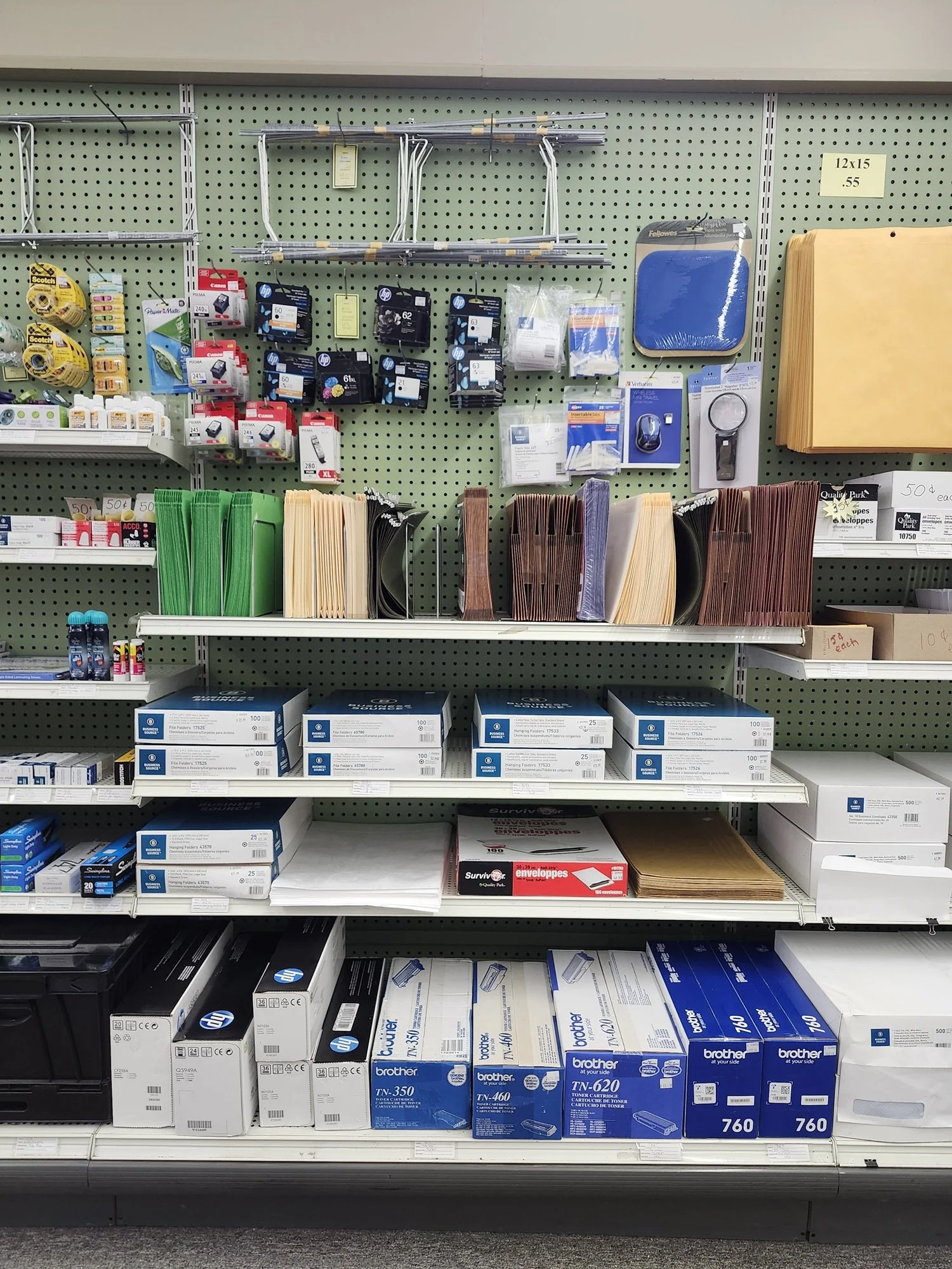 Norwich Copies Plus inventory of ink, toner, and file folders.