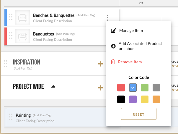 Budget line item 3-dot menu open, showing a Color Code section with eight color swatches and a Reset button