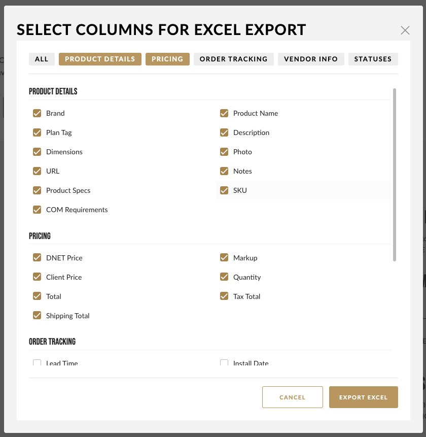 Column selection dialog before Excel export, with columns grouped and default selections checked