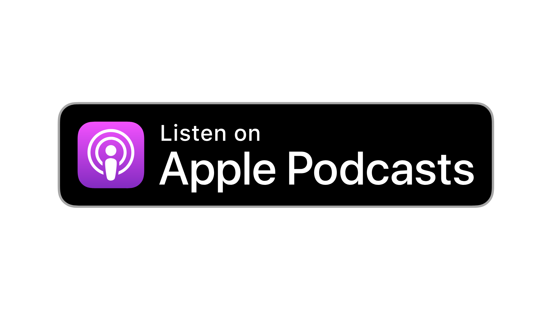 Apple Podcasts logo with a black background and text inviting users to listen on Apple Podcasts.