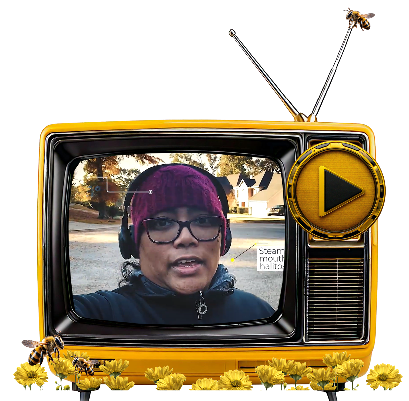 Person wearing glasses, a pink knit hat, and headphones, speaking outdoors during daytime, with a vintage yellow television frame with antenna, surrounded by yellow flowers and bees.