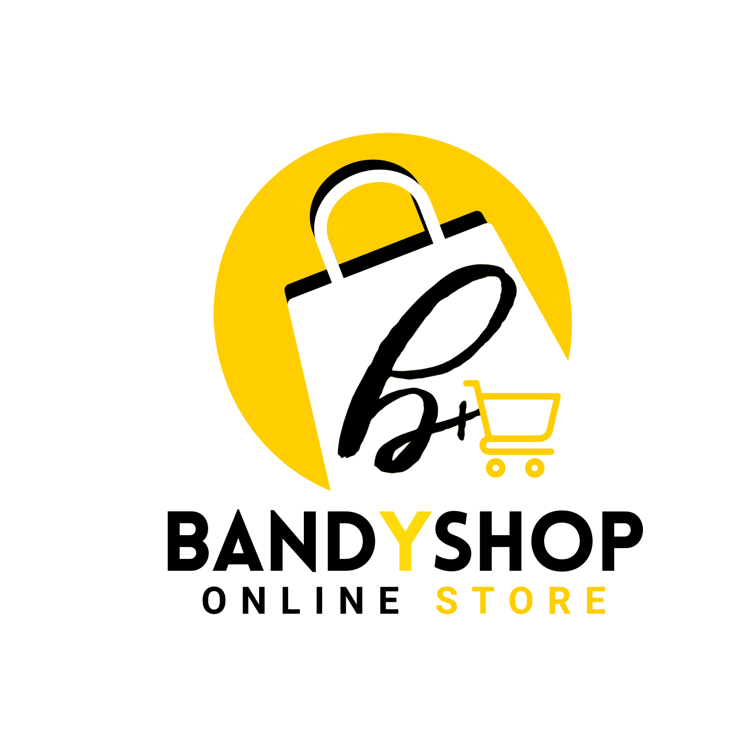 A logo for Bandy Shop Online Store featuring a shopping bag with a yellow circle background, a black stylized letter 'b' with a plus sign and a small yellow shopping cart icon, and the words 'Bandy Shop Online STORE' in black and yellow letters.