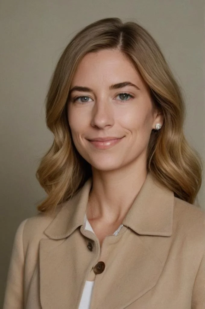 Portrait of a woman with long blonde hair, wearing a beige coat.