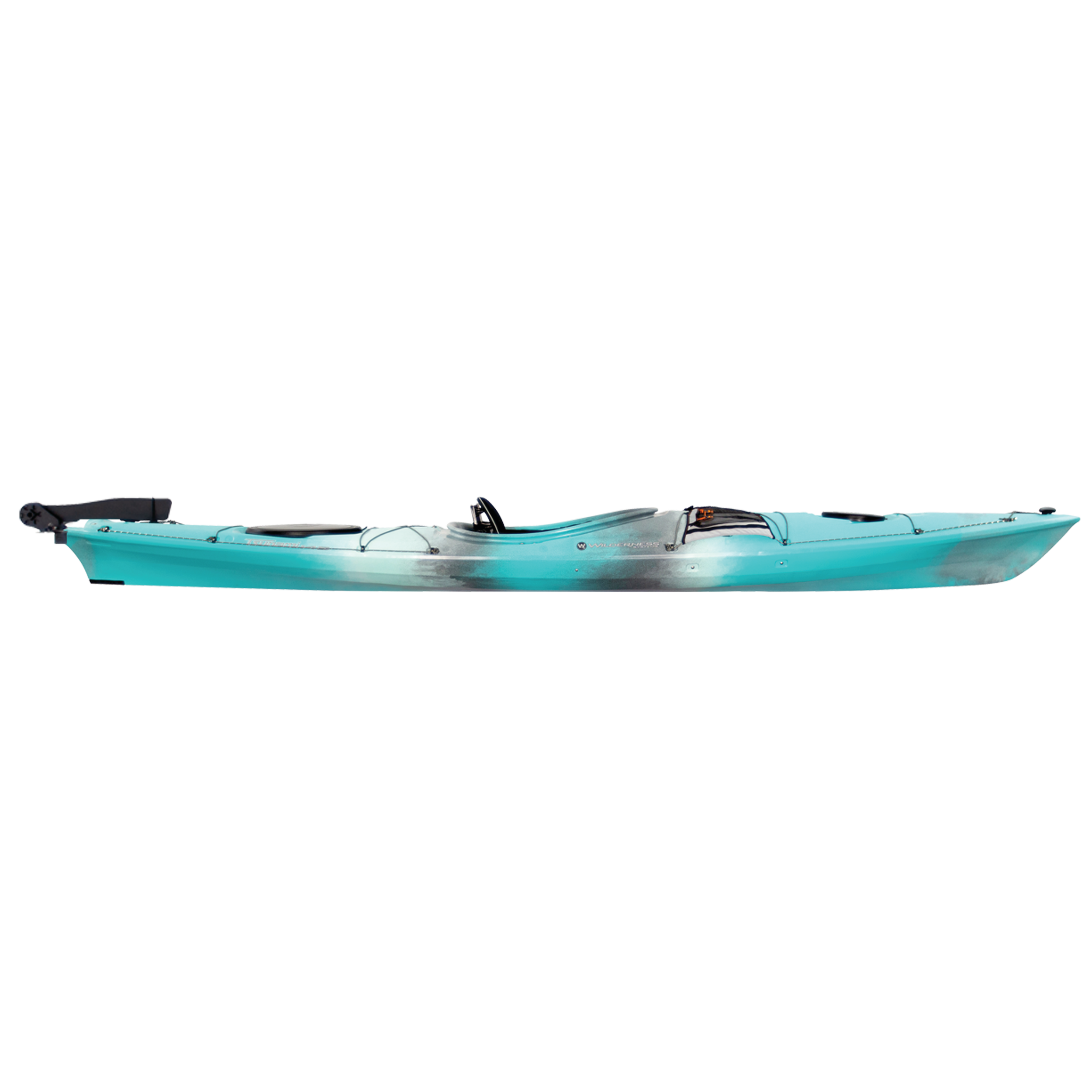 Side view of the Wilderness Systems Tsunami 145 with rudder in Breeze Blue color