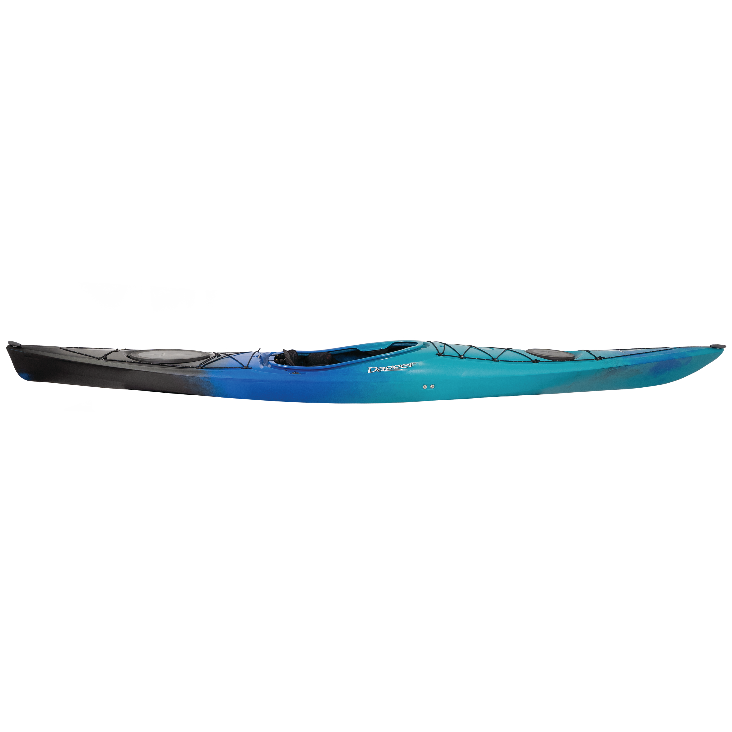 Side view of the Dagger Stratos 14.5 touring kayak in Blue Mist color (Copy)