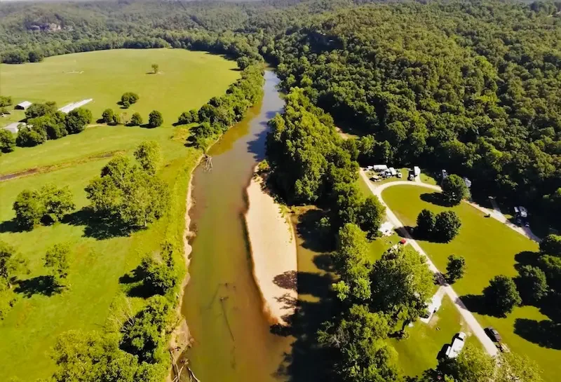 Aerial photo of the Niangua River and Riverfront Campground.