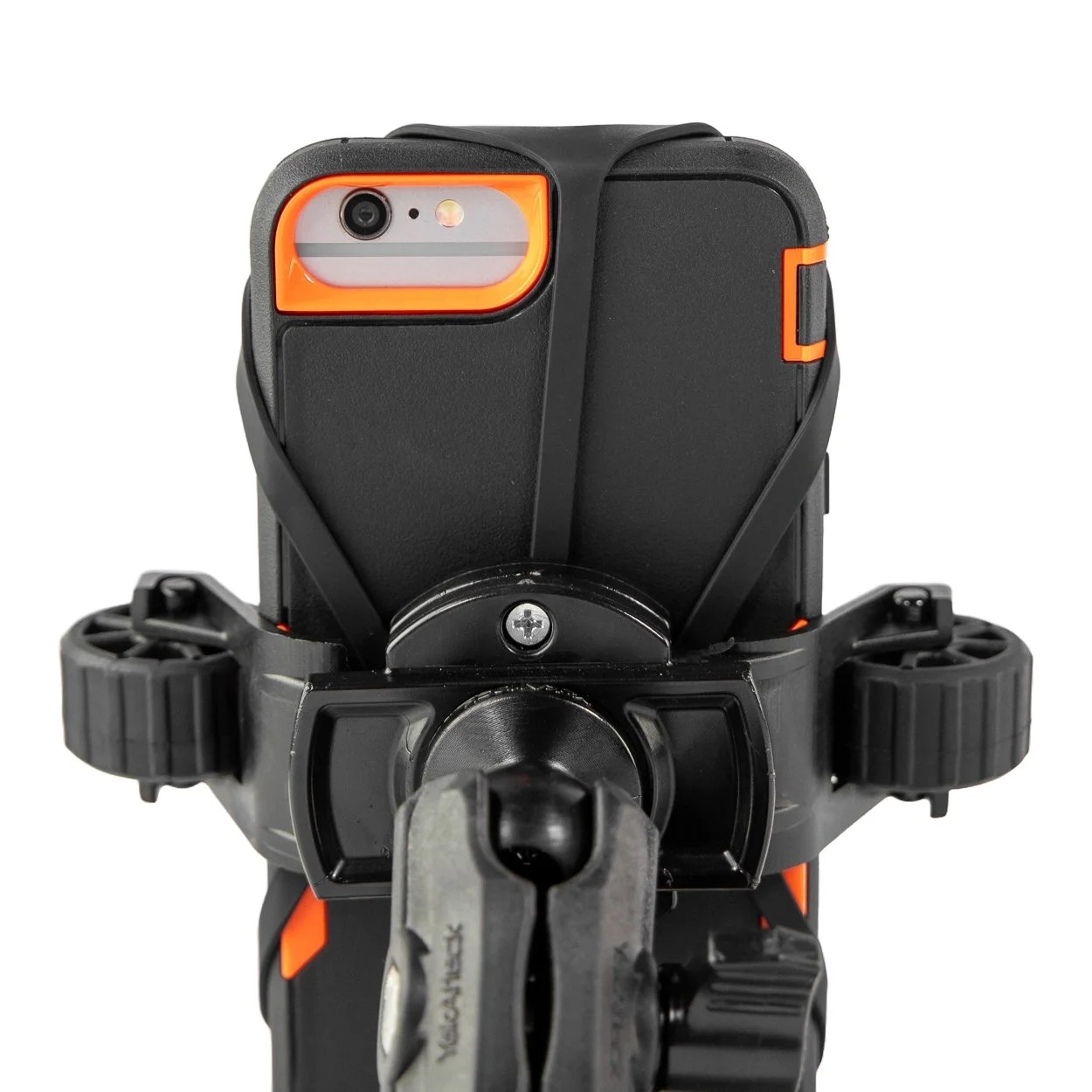 YakAttack RotoGrip Phone Holder with 1" Screwball Track Mount - close up view with Iphone