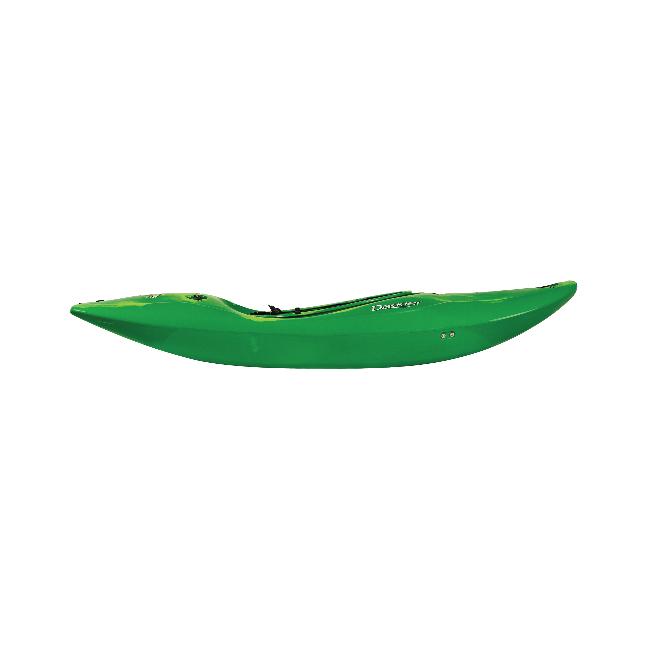 Side view of the Dagger Code SM whitewater kayak in Green Smoke color