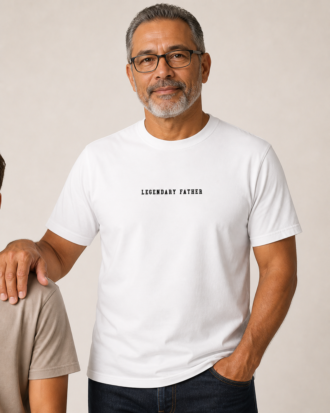 A smiling middle-aged man with glasses, wearing a white T-shirt with 'LEGENDARY FATHER' written on it, and dark jeans.