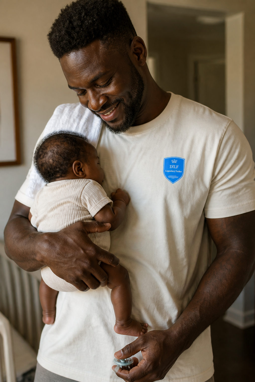 A smiling man holding a sleeping baby close to his chest inside a home.