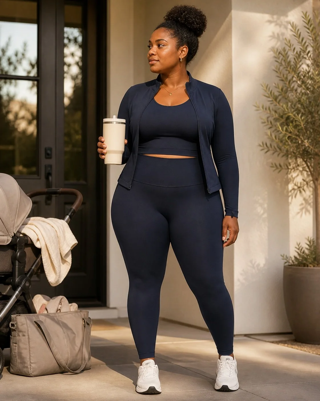 A woman in workout clothes holding a tumbler standing outside a house near a stroller and a golf bag.