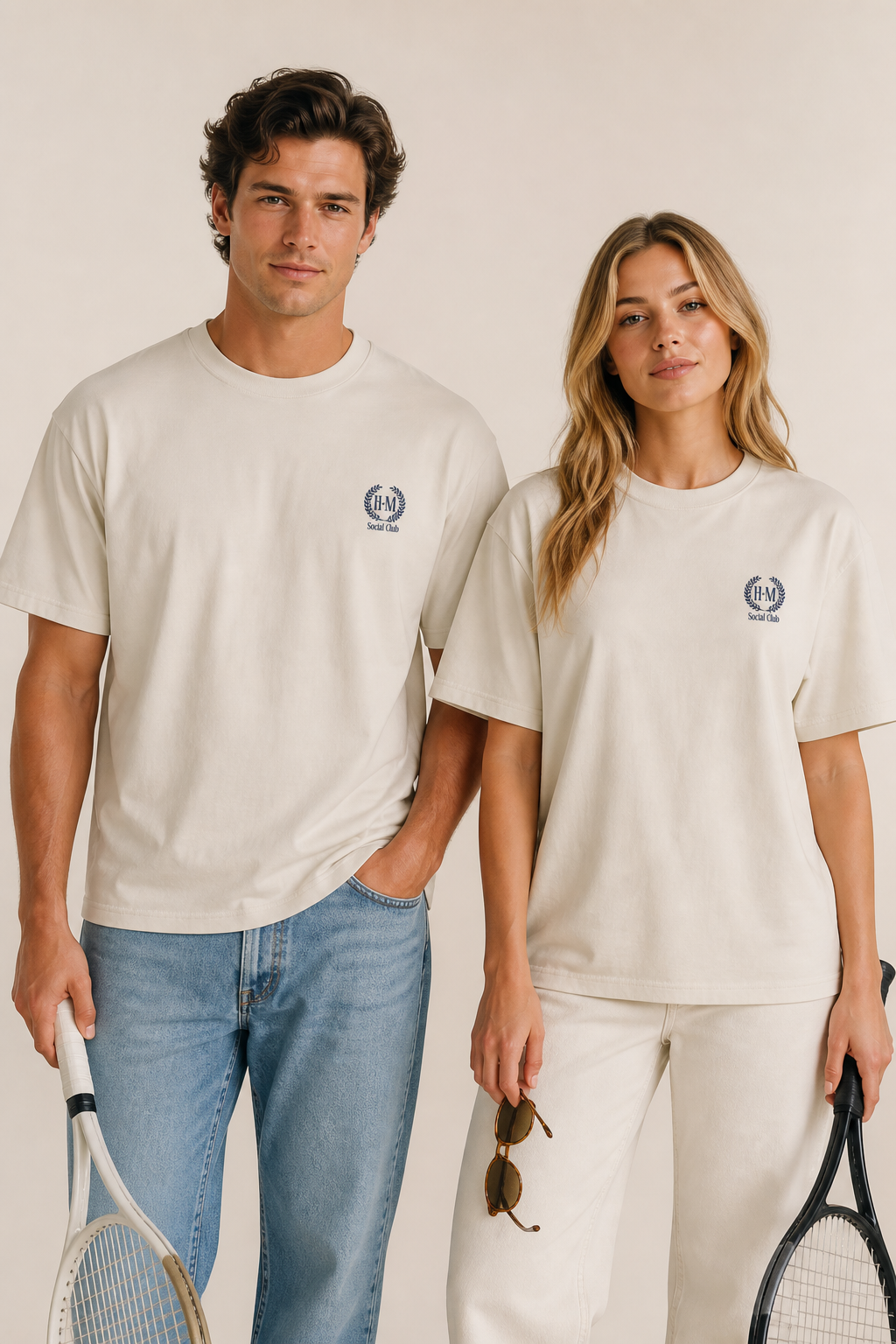 Two young adults, a man and a woman, standing side by side holding tennis racquets, wearing matching beige t-shirts with a small logo that reads 'H.M Social Club' and casual jeans.