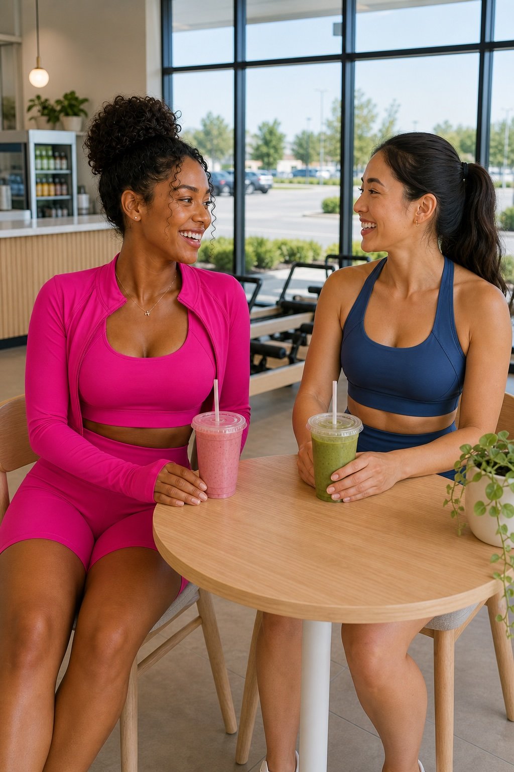 Two women in workout clothes sitting at a wooden table in a smoothie shop, smiling and talking while holding colorful smoothies.