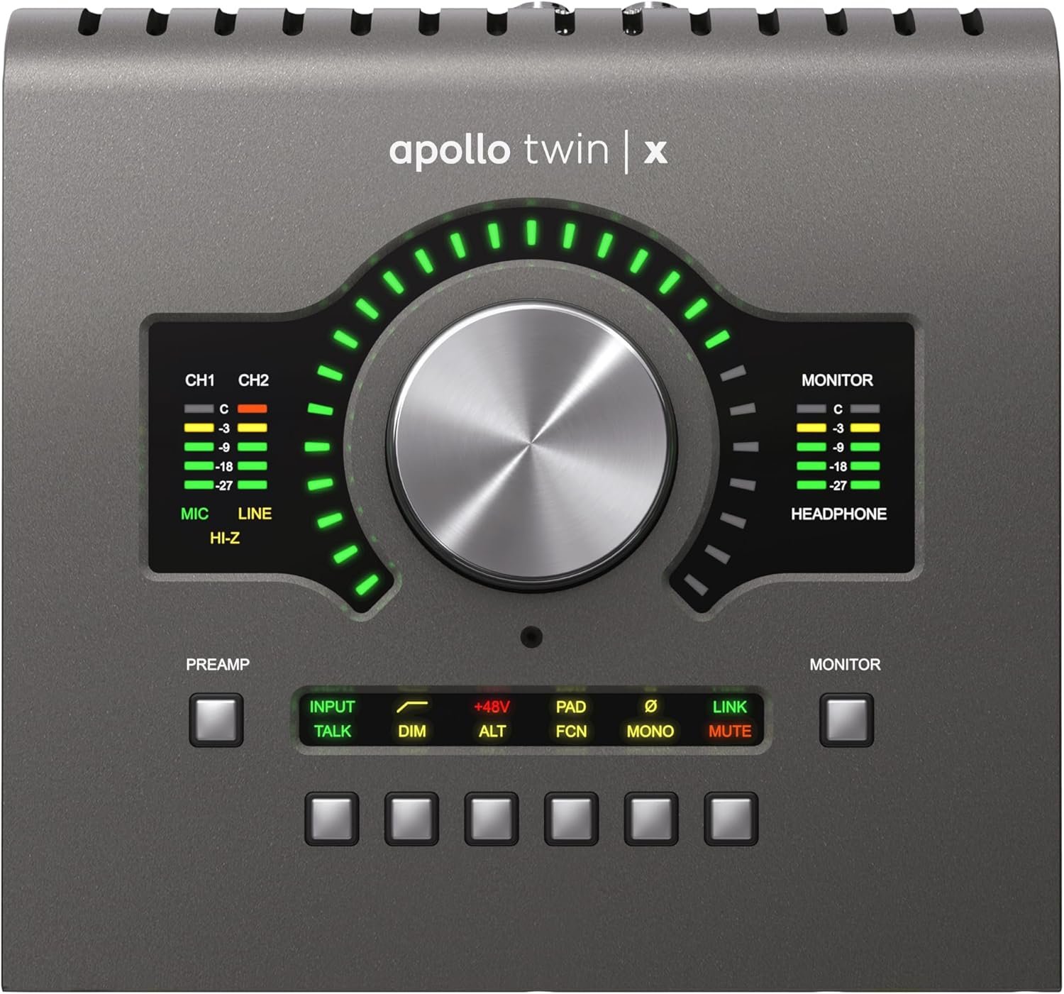 A professional audio control device with a large central dial, LED level indicators for channels and monitors, labeled buttons for input sources and functions, and a grey metallic finish.