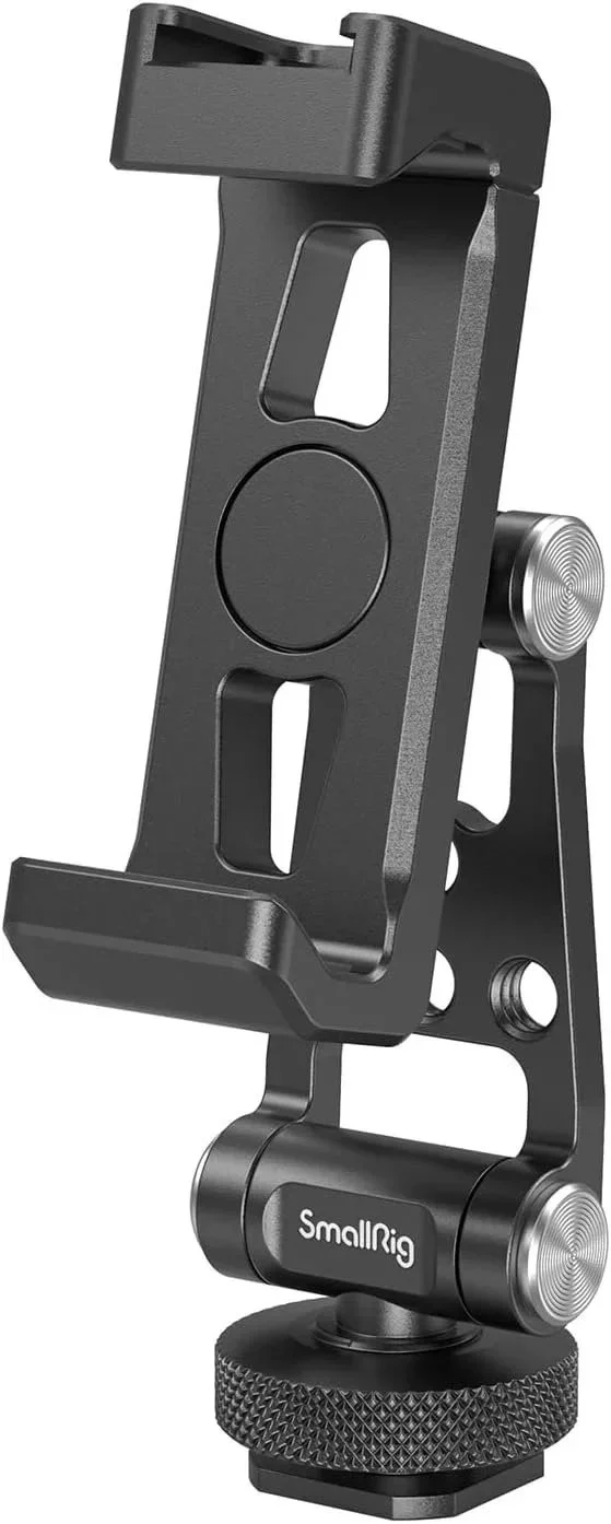 Close-up of a SmallRig camera mount or stabilizer accessory with adjustable knobs and a slot for attaching equipment.