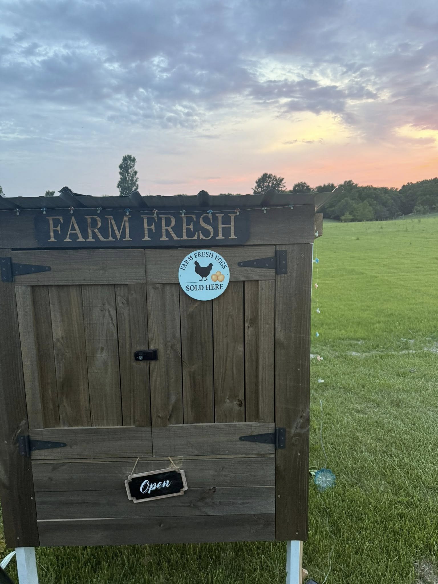 Wooden farm stand with a sign that reads 'FARM FRESH' and a small 'Open' sign hanging from the door, situated on grass with a field and sunset in the background under a gorgeous sky with clouds.