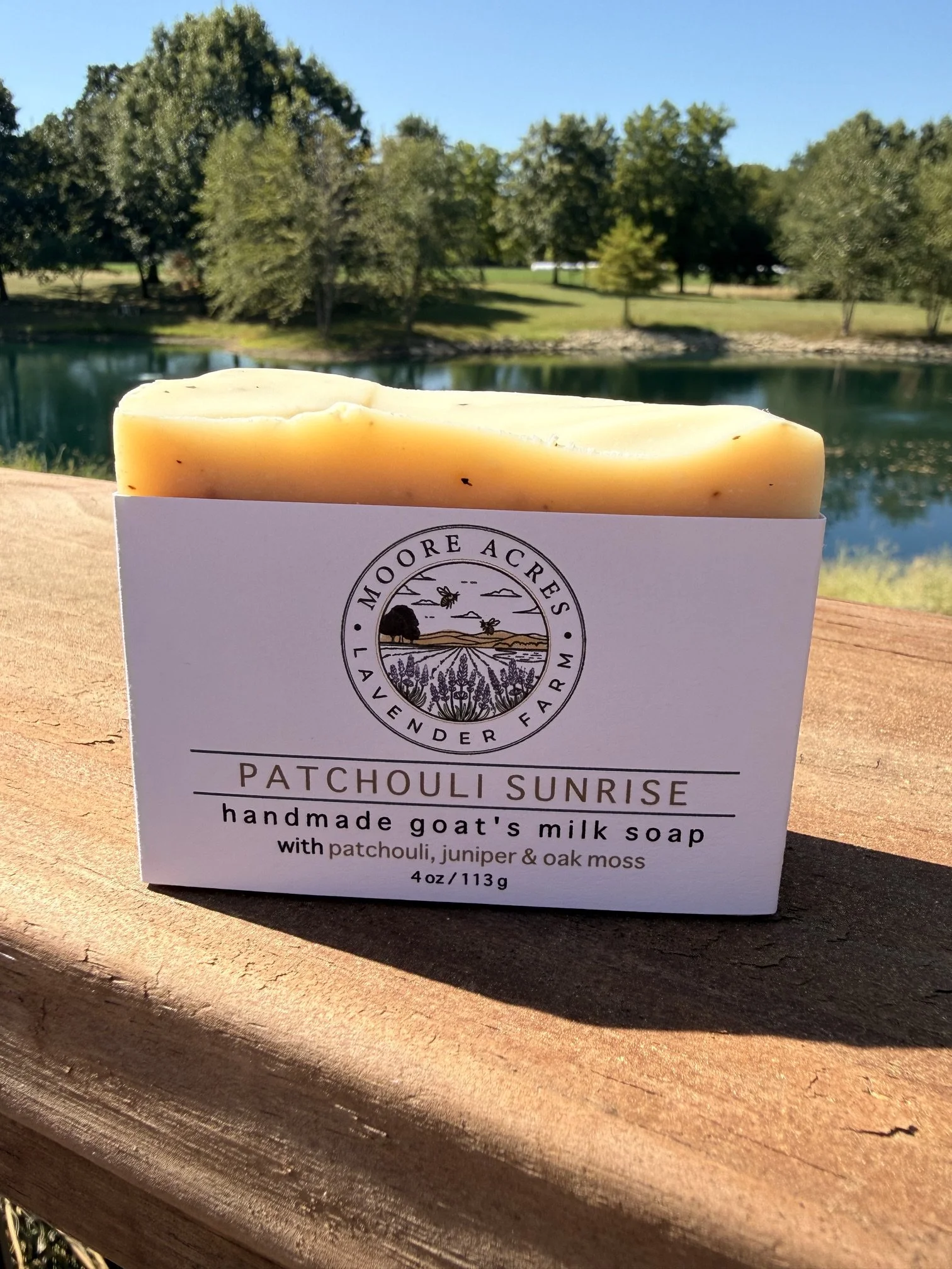 Our Patchouli Sunrise soap is our newest favorite, with a scent inspired by my husband's great grandmother. Patchouli was her scent and this one embraces her spice and spirit! This bar is scented with a blend of Patchouli, juniper and oak moss essent