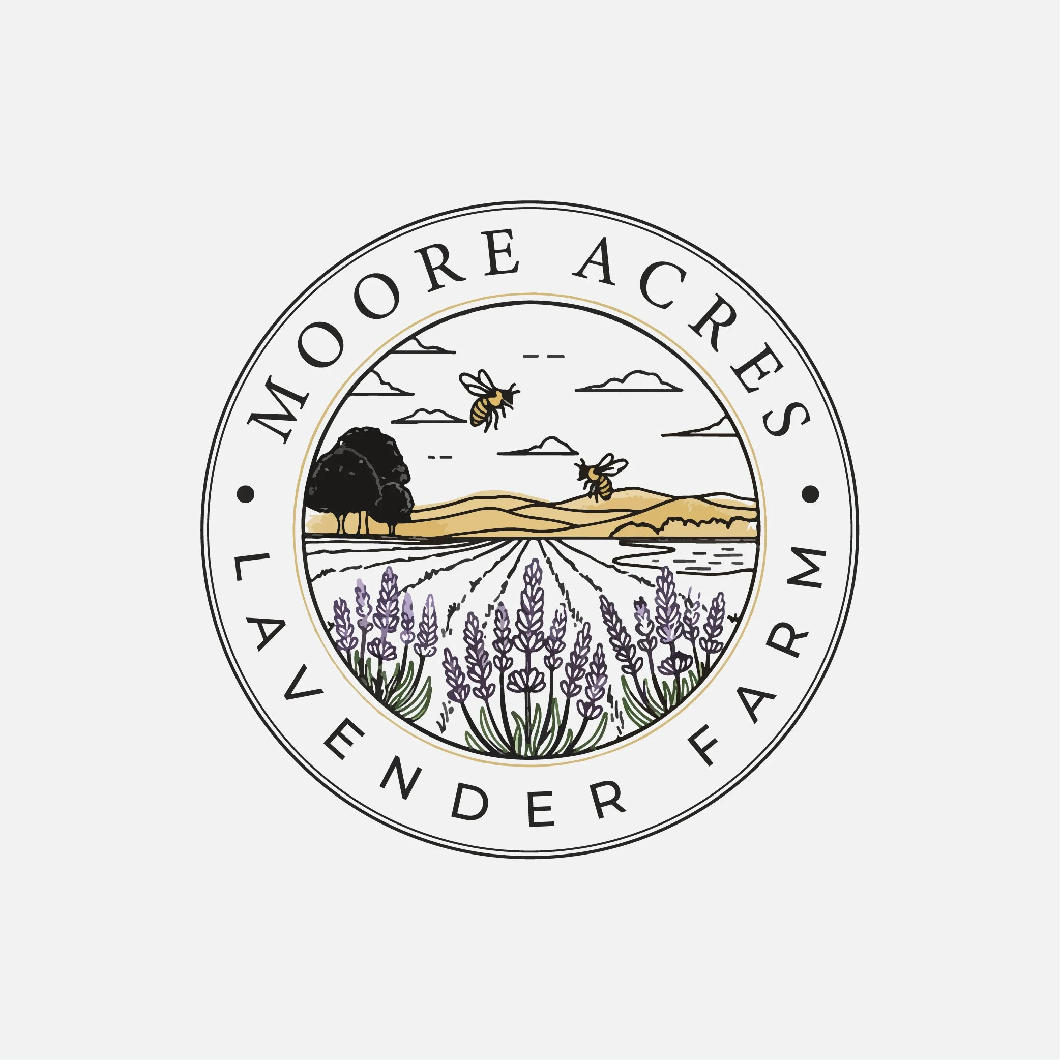 A circular logo featuring a depiction of a lavender field, hills, trees, bees, and a lake with the text 'Moore Acres Lavender Farm' around the perimeter.