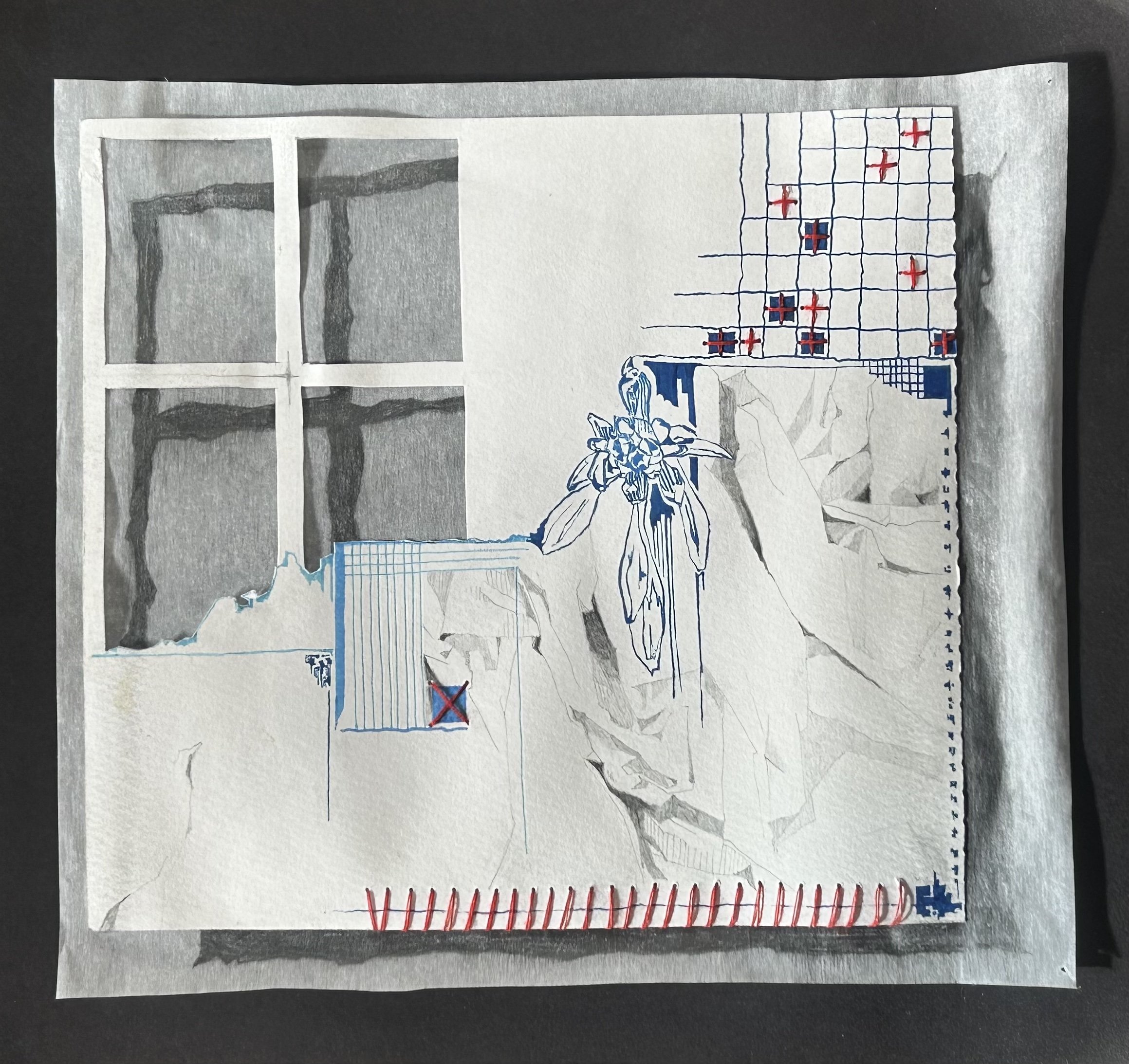 "Keep Me Here" (2023) Graphite, ink and thread on paper 8"x7"