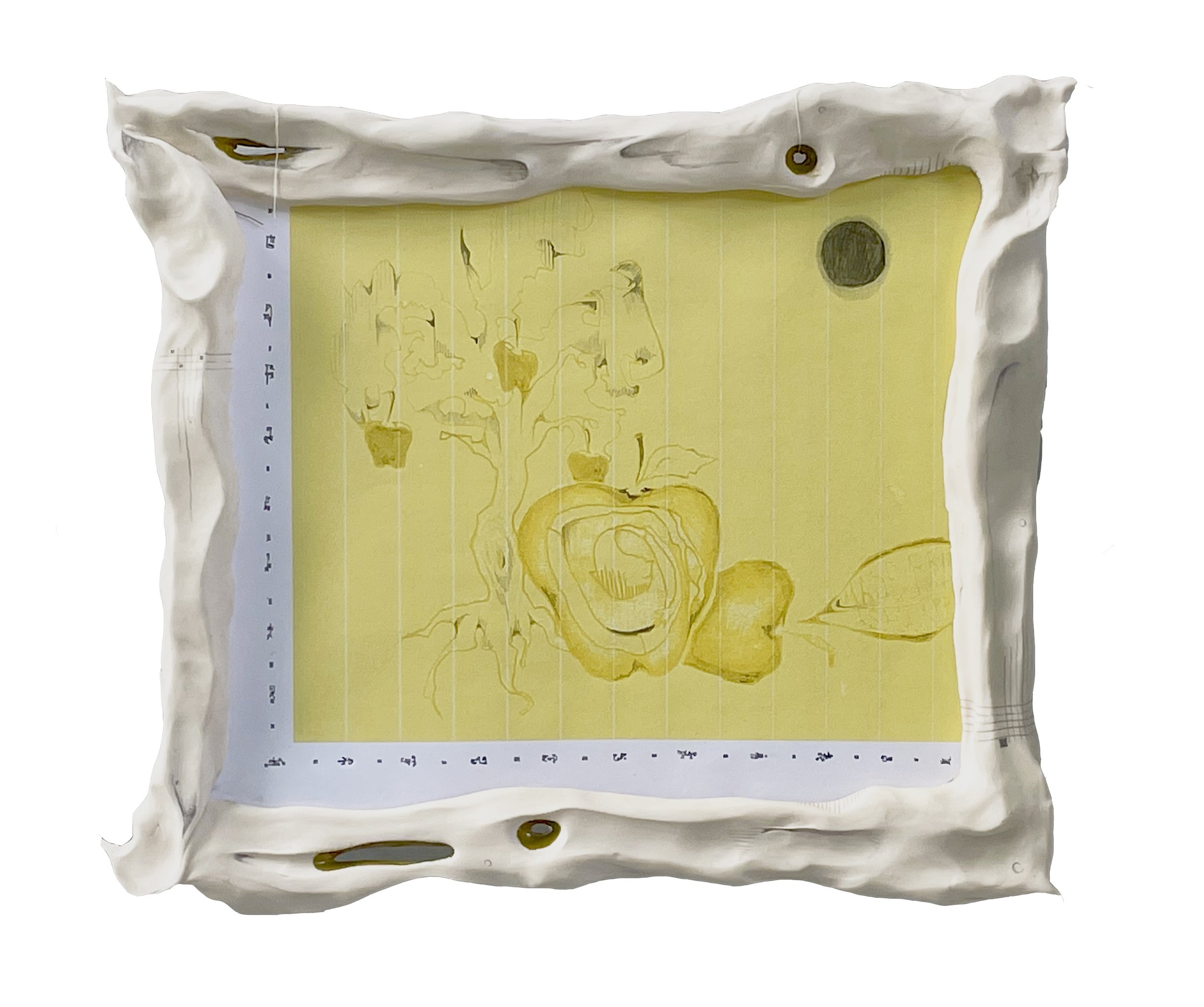 "Something About Withering and Maybe Apples" (2023) Inkjet print with graphite and polymer clay frame 10"x8"