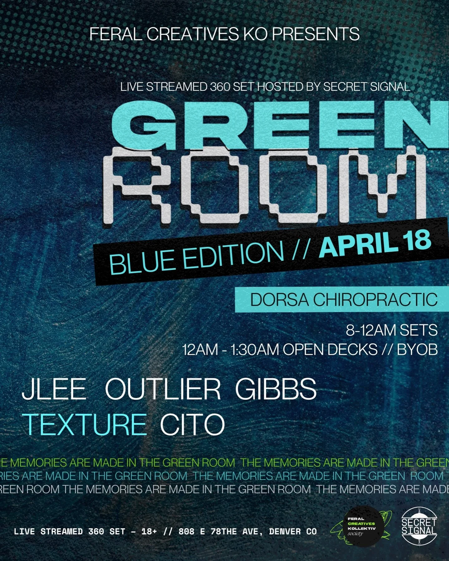 🔵 WE ARE RUNNING IT BACK 4/18 with GREEN ROOM: BLUE EDITION 🔵😤😈🫡

join us for a live-streamed, intimate 360&deg; set hosted in one of the coolest upstairs venues in Denver, Crack&rsquo;d Barbershop at Dorsa Chiropractic powered by our friends @w