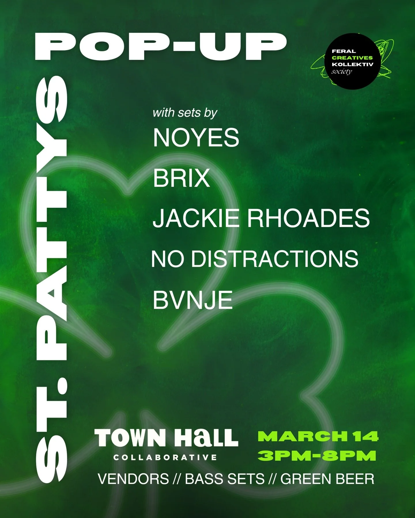 ☘️🚨ST. PATTY&rsquo;S DAY POP UP🚨☘️
SURPRISE. 😈👀☘️🫡 we decided to throw a little St. Patty&rsquo;s Day warm-up at @townhallcollaborative TODAY and you&rsquo;re invited!! Come out for 
Bass sets all afternoon with @noyes_ofc @brixluvsblud @jackie_