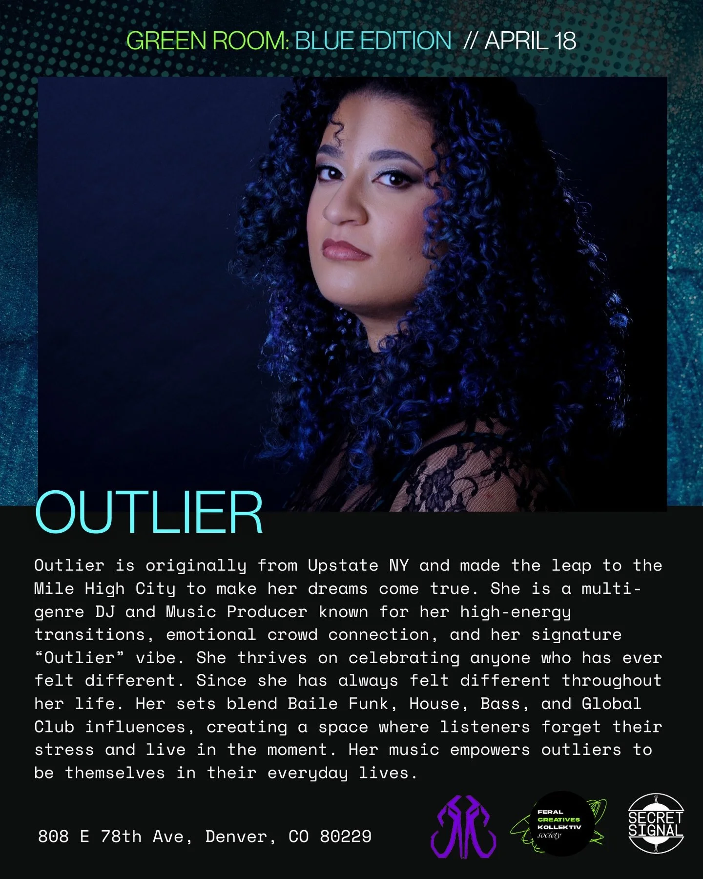 🔵 GREEN ROOM: BLUE EDITION 🔵 SPOTLIGHT ft. @dj_outlier 🌀💫
Baile funk. House. Bass. &hellip;.and an absolutely UNTAMEABLE energy behind the decks (iykyk!!!)💥 Outlier makes music for everyone who&rsquo;s ever felt different &mdash; and this saturd