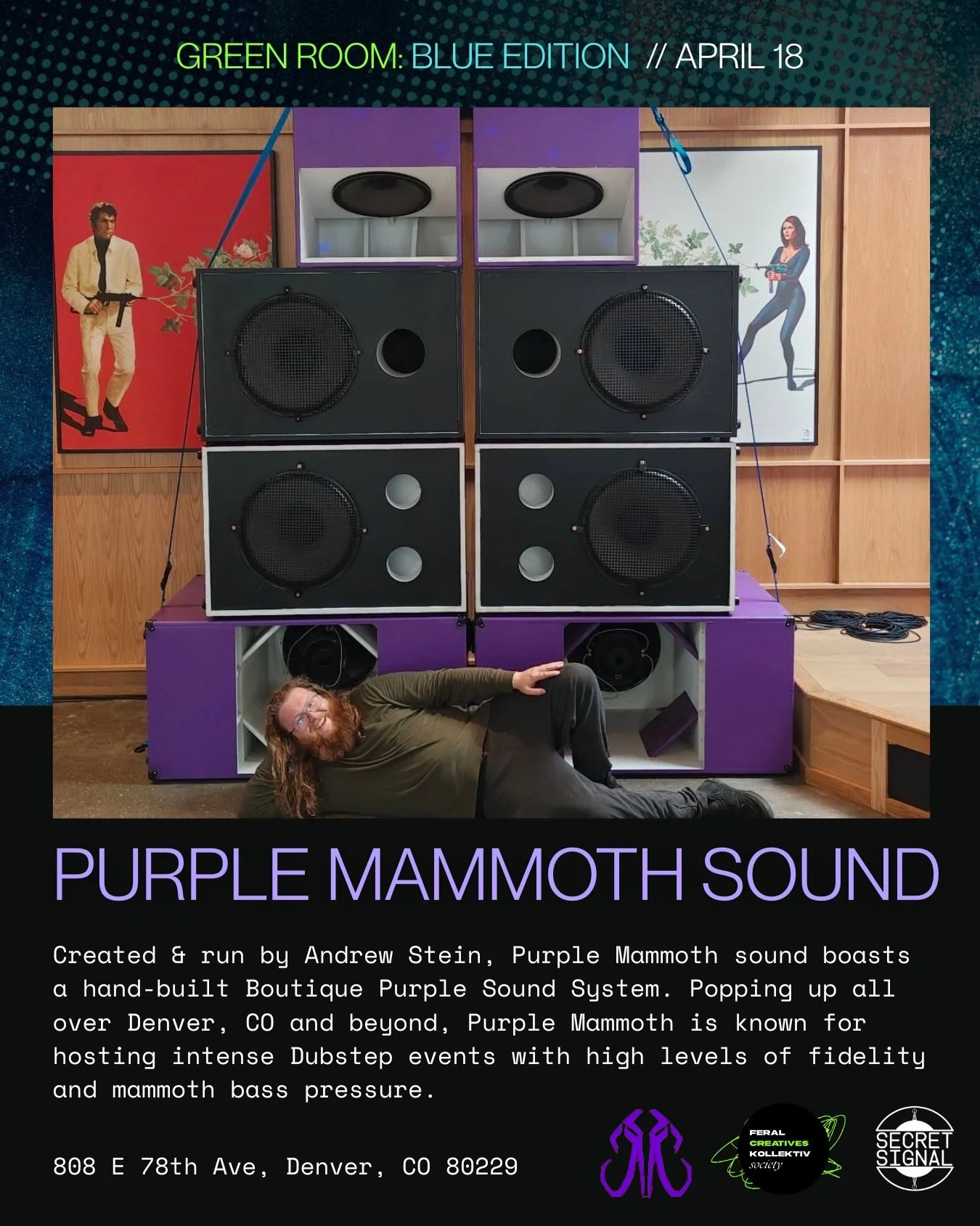 🔵 BLUE ROOM 🔵 🤝🟣 PURPLE SOUND 🟣  ft. @purplemammothsound 🦣🦣🦣🦣 beyond stoked and honored to have Andrew &amp; the mammoth sound in the space tonight&hellip;who&rsquo;s ready for some MASSIVE SOUND???

🔵 doors 7:30pm // sets 8pm&ndash;midnigh