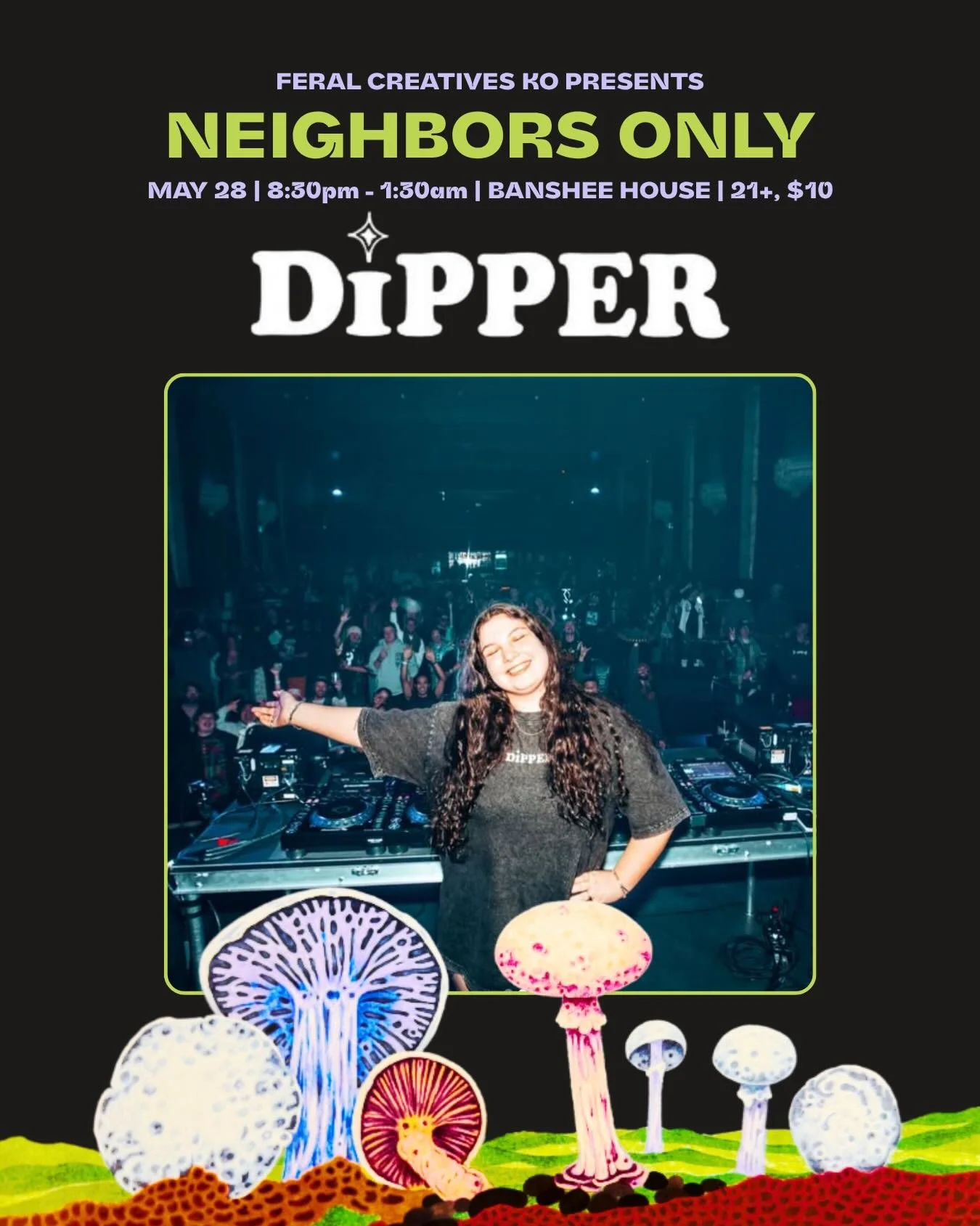 HOWDY::NEIGHBOR highlight ft. @dipperthedj [in her experimental era ofc] swipe for an icon 💫

🤠 neighbors only :: locally sourced bass showcase ft. @comisarmusic @sakiyacarlucci @__jaspr @getgoodmuzic @dipperthedj 
📍 @thebansheehouse | 2715 larime