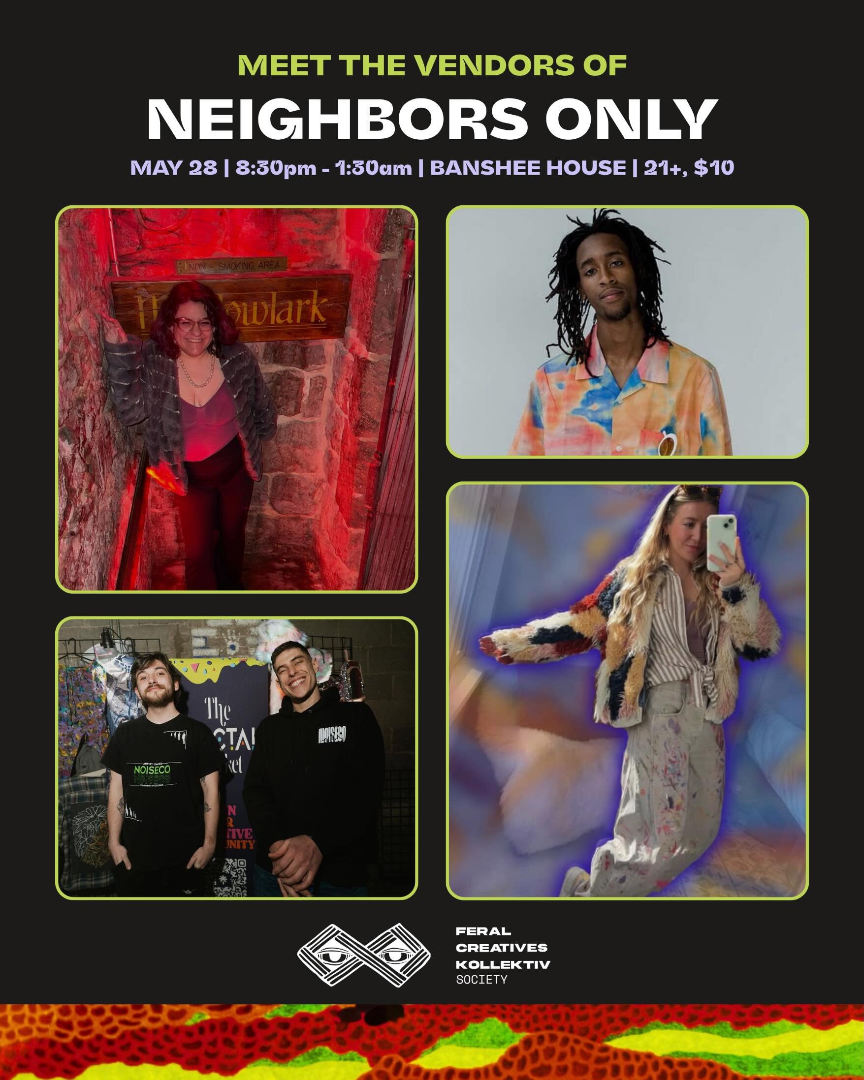HOWDY::NEIGHBOR VENDOR LINEUP 💥⚡️🤝 ft. @kinetic.huez @thefractalmarket.denver @____finessed @theemmaembodiment 

🤠 neighbors only :: locally sourced bass showcase ft. @comisarmusic @sakiyacarlucci @__jaspr @getgoodmuzic @dipperthedj 

📍 @thebansh