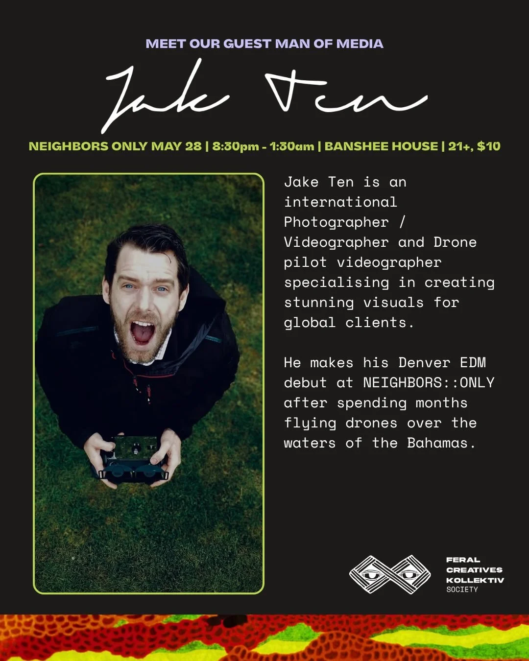 HOWDY::NEIGHBOR ft. our guest videopgrapher/media from across the pond 🐟🍟&hellip; @jake.ten servin up shots w drone + accessories like&hellip;groovy, innit? 

🤠 neighbors only :: locally sourced bass showcase ft. @comisarmusic @sakiyacarlucci @__j
