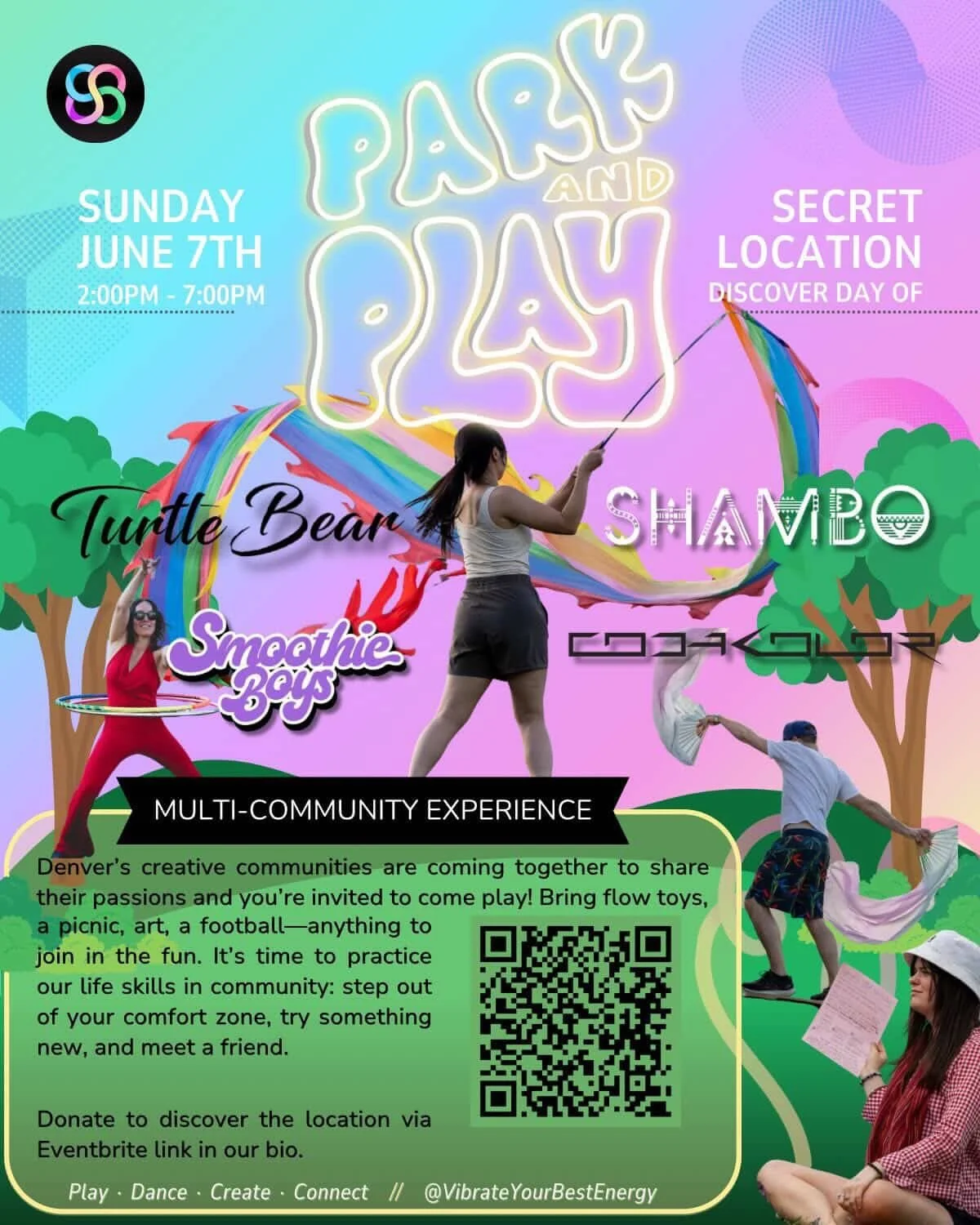 we&rsquo;re so fckin excited to be joining @vibrateyourbestenergy this Sunday june 7th for their first park &amp; play of the summer!! we&rsquo;ll be popping up with some interactive art, facilitated by @theferalcreative &amp; @kinetic.huez 👀🫧🎨🫟
