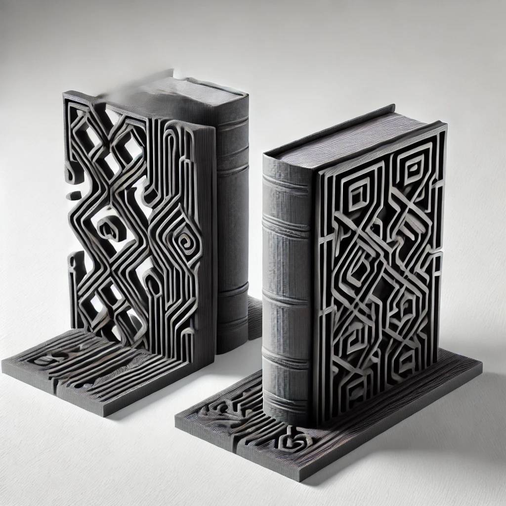 DALL·E 2025-01-01 14.31.06 - A photorealistic 3D rendering of a pair of decorative bookends designed to look 3D-printed. The bookends have an artistic, geometric style with intric.jpg