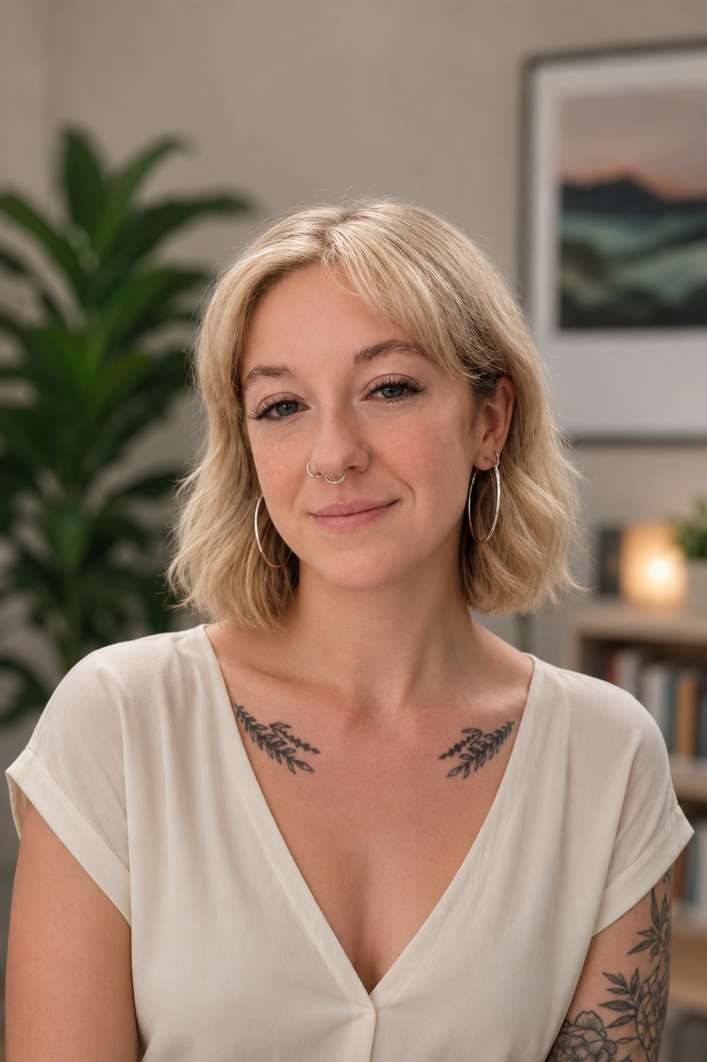 A woman with blonde hair smiling, wearing hoop earrings and a septum piercing, sitting indoors with a large green plant and framed landscape photo in the background.