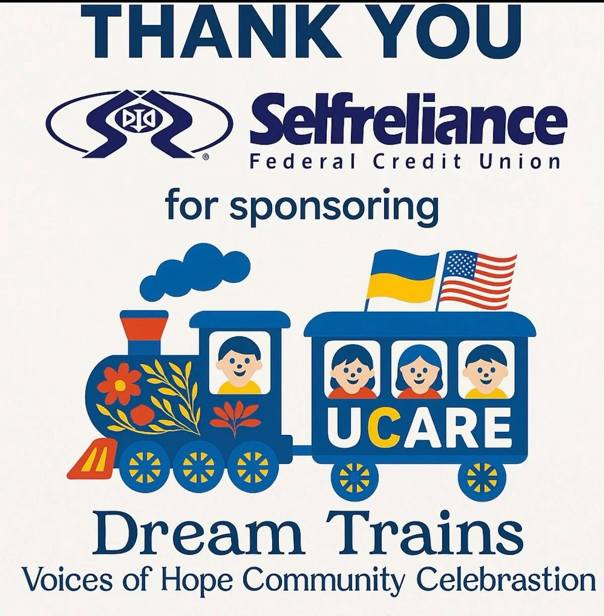 🌟 A heartfelt thank you to Selfreliance Federal Credit Union for sponsoring our Dream Trains: Voices of Hope Community Celebration! 🚂💙

Their support helps us uplift and share the stories of children from Ukraine and America through art, culture, 