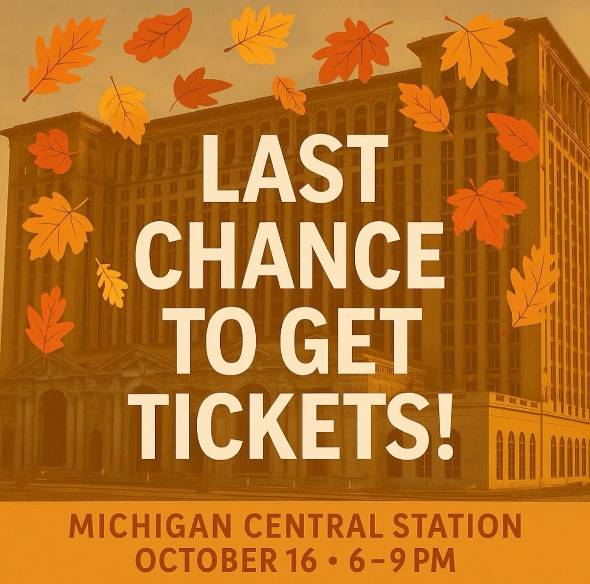 🍂 Final Call to Fall for a Cause! 🍁
This Thursday, Michigan Central Station comes alive with color, creativity, and community! 🎨✨

🎟️ Last-minute tickets are going fast &mdash; don&rsquo;t miss your chance to be part of an unforgettable evening s