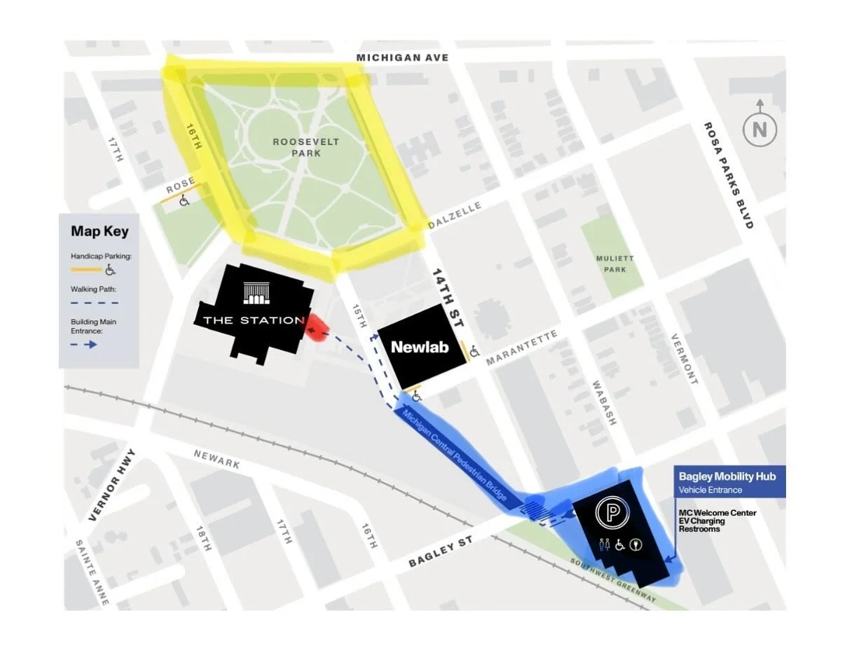 🇺🇦🇺🇸Tomorrow at Michigan Central Station 🇺🇦🚆
Parking &amp; entry guide for the event:

🟡 Yellow = Free public street parking around Roosevelt Park
🔵 Blue = Parking structure (Bagley Mobility Hub) with restrooms &amp; EV charging
🔴 Red = Eve